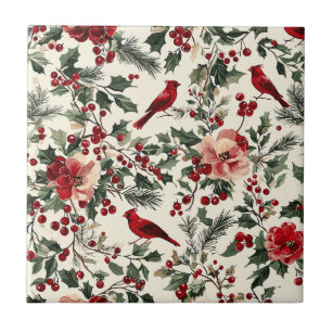 Carreau Rustic Bird et Poinsettia Motif de Noël (14)