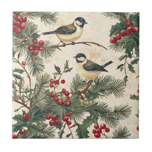 Carreau Rustic Bird et Poinsettia Motif de Noël (8)