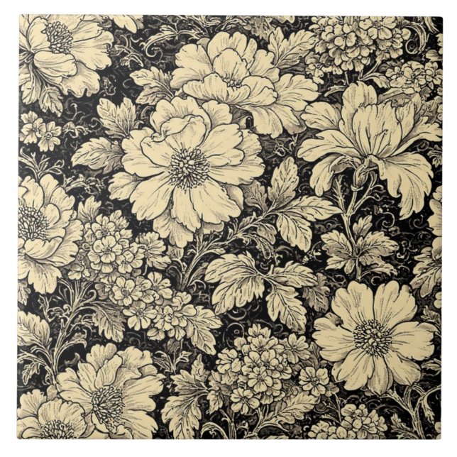Carreau Rustic Country Floral Motifs Monochrome Distressed (Devant)
