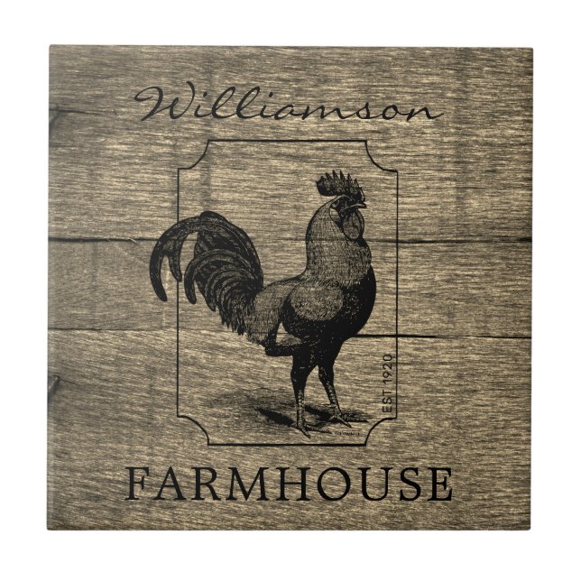 Carreau Rustic Farmhouse Rooster Grange Bois Nom de famill (Devant)