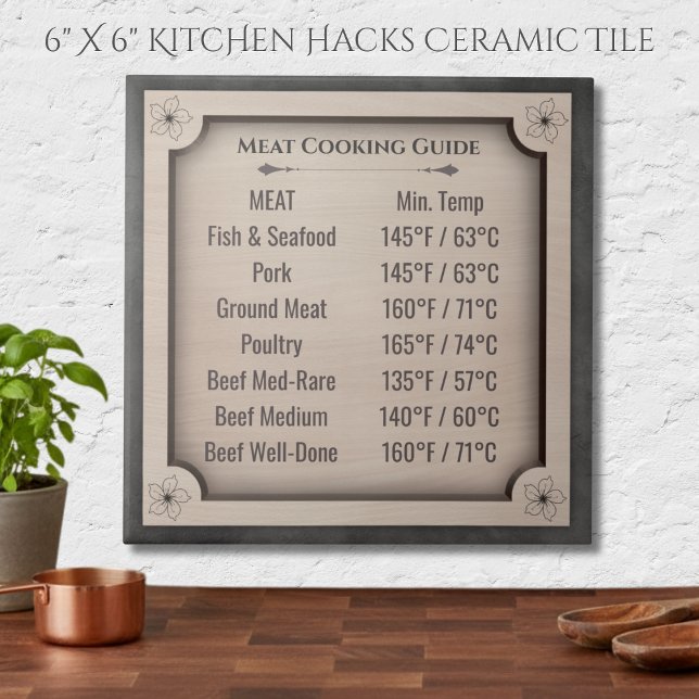 Carreau Rustic Meat Cooking Temperature Guide Ceramic Tile (The Meat Cooking Guide ceramic tile is a must-have gift for the home cook or grill master)