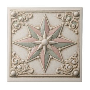 Carreau Rustique Toscane Vert Sauge et Étoile Rose
