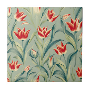 Carreau Sage Green Floral Rouges Tulipes
