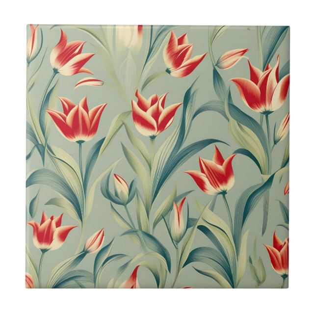 Carreau Sage Green Floral Rouges Tulipes (Devant)