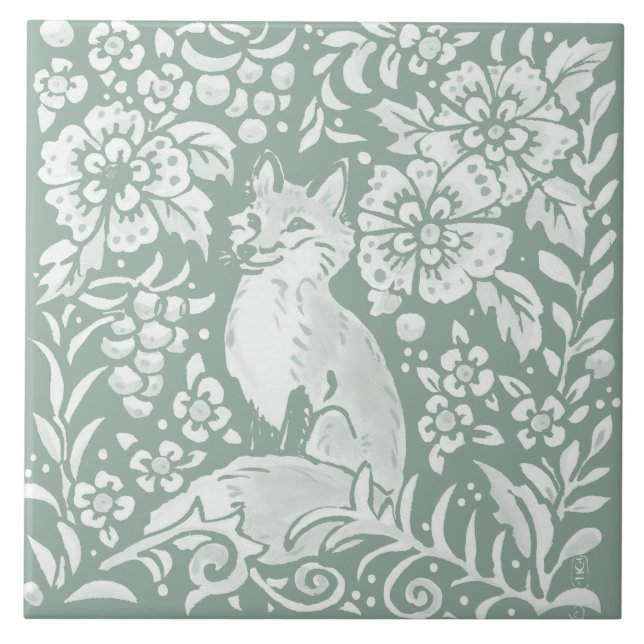 Carreau Sage naturel Green Fox Forest Scene Carrelage en c (Devant)