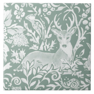 Carreau Sage rustique Green Deer Woodland Hérisson Oiseau