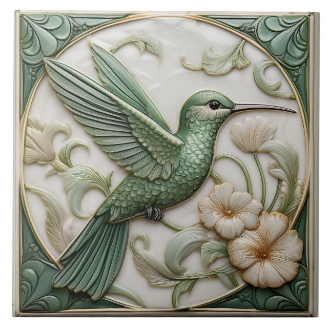 Carreau Sage vert faux relief Art Nouveau Hummingbird (Devant)