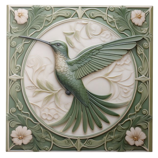 Carreau Sage vert faux relief Art Nouveau Hummingbird L (Devant)