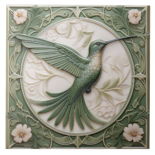 Carreau Sage vert faux relief Art Nouveau Hummingbird R