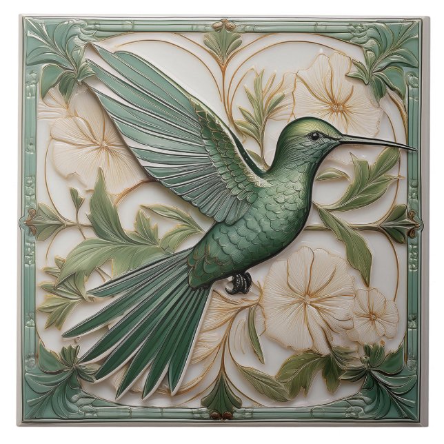 Carreau Sage vert faux relief Art Nouveau Hummingbird R (Devant)