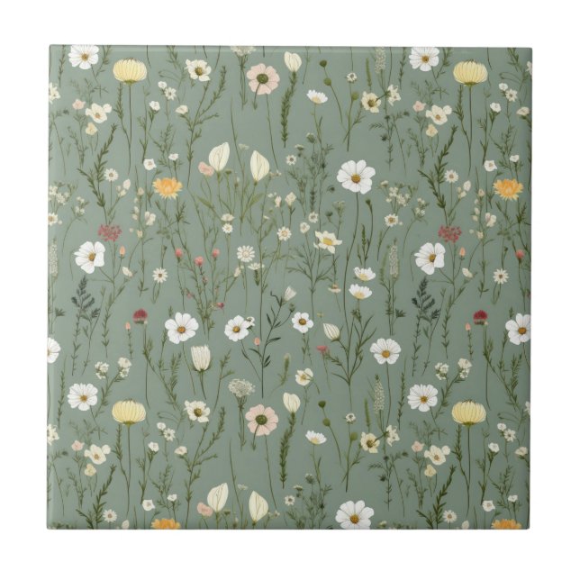 Carreau Sage Vert rose jaune blanc Floral sans couleur (Devant)