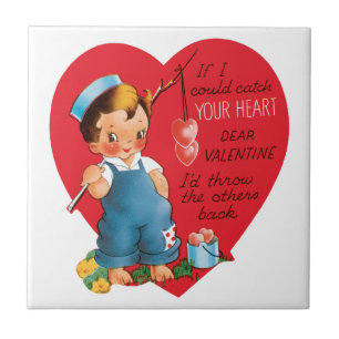 Carreau Saint-Valentin rétro, garçon vintage pêchant des c