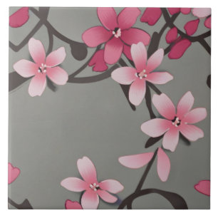 Carreau Sakura Rose - Fleurs florales japonaises sur gris 