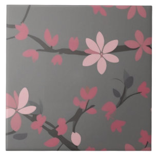 Carreau Sakura Rose - Fleurs florales japonaises sur gris 