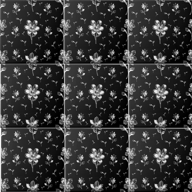 Carreau Salle De Bains Motif Florale Noir Et Argent (Splashback )