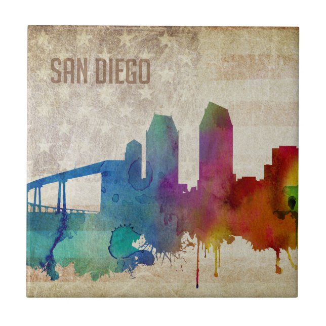 Carreau San Diego, horizon de ville d'aquarelle de CA | (Devant)