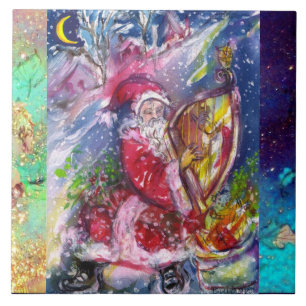 CARREAU SANTA CLAUS JOUANT À LA HARPE EN LUMIÈRE DE LA LUN