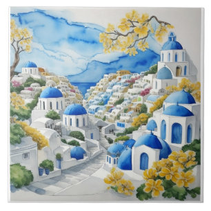 Carreau Santorin Aquarelle Maisons grecques & Fleurs jaune