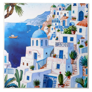Carreau Santorin en bord de mer, Grèce Aquarelle bleue Gre