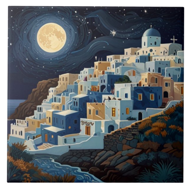 Carreau Santorin, Grèce Pleine lune nuit Village grec (Devant)