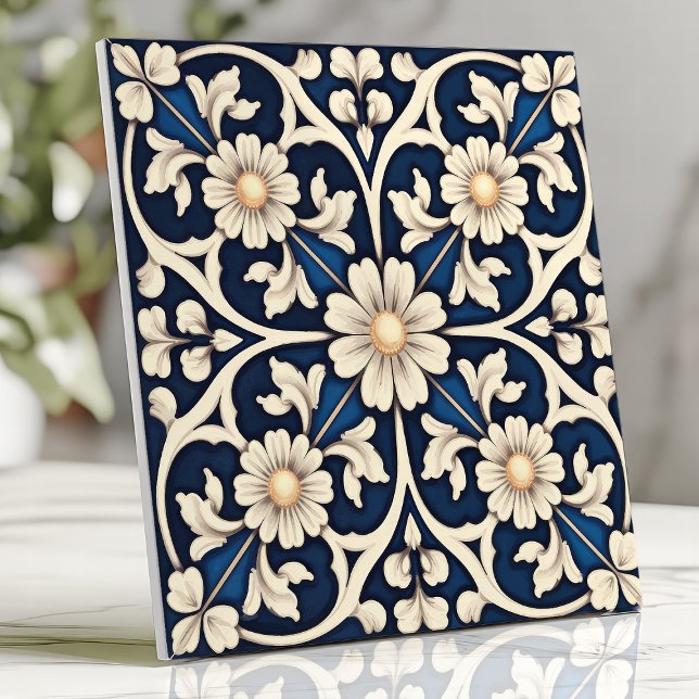 Carreau Sapphire victorien bleu et ivoire daisy (Créateur téléchargé)