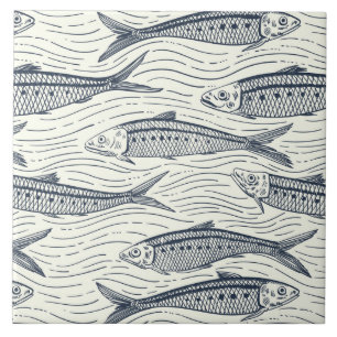 Carreau Sardines en mouvement en bleu marine et ivoire