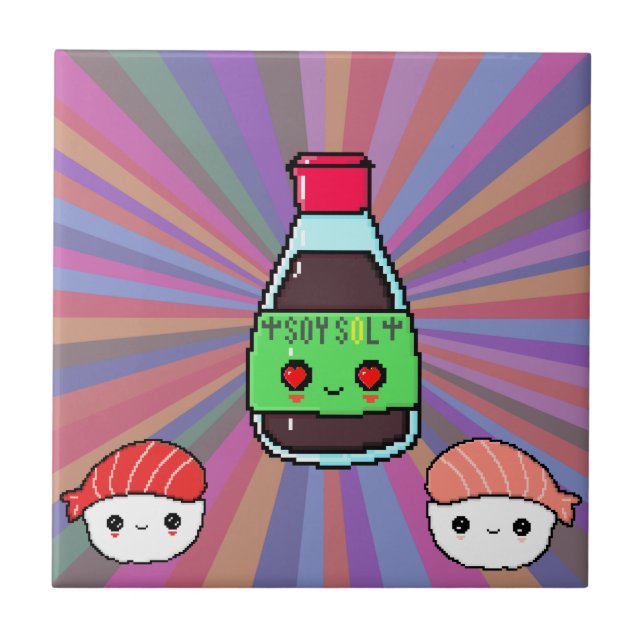 Carreau Sauce soja et sushi kawaii pixel art arc-en-ciel (Devant)