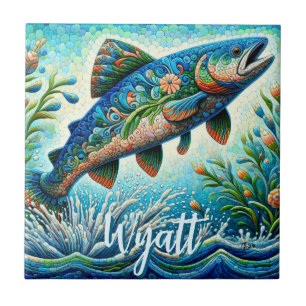 Carreau Saumon Mosaïque Florale Bleue Personnalisée