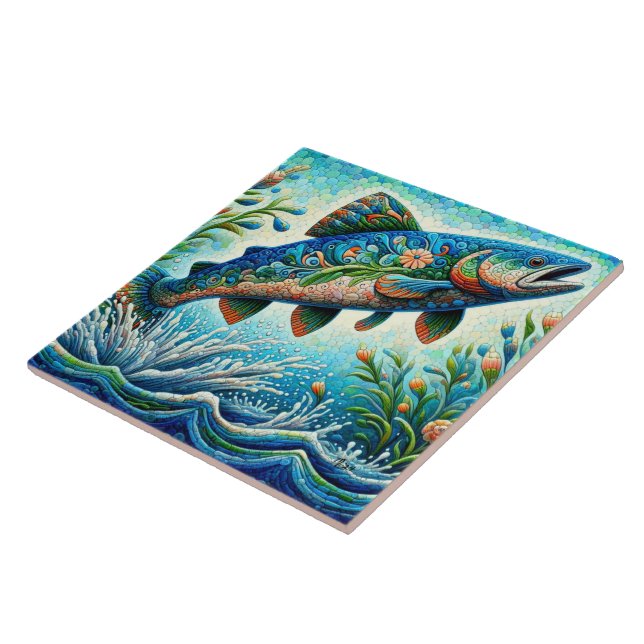 Carreau Saumon Saut Mosaïque Floral Blue Green Peach (Côté)