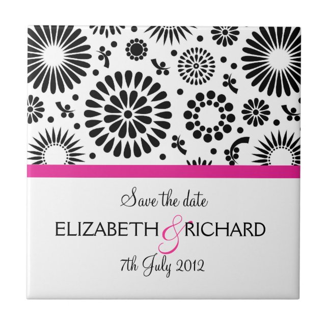 Carreau Save the Date Folk Black White Flower Boho Wedding (Devant)