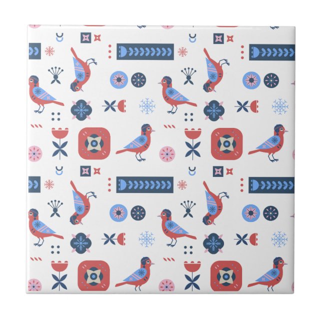 Carreau Scandinavian Bird Floral Nordic Pattern Design (Devant)