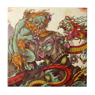 Carreau Scène asiatique avec le chien et le dragon de foo