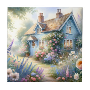 Carreau Scène florale de maison bleue de jardin de campagn