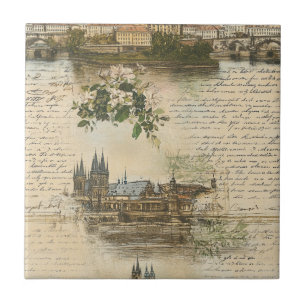 Carreau Scène fluviale européenne vintage - Script manuscr