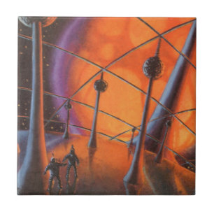 Carreau Science-fiction vintage, soleil orange et extrater