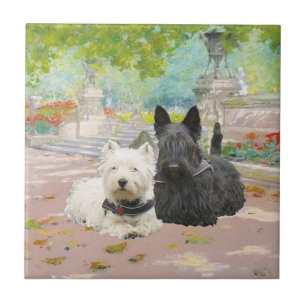 Carreau Scottie et Westie dans un jardin