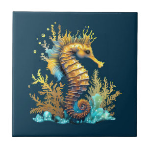 Carreau Seahorse bleu or nautique plage marine chic