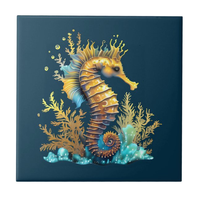 Carreau Seahorse bleu or nautique plage marine chic (Devant)
