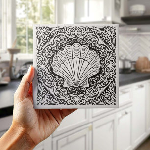 Carreau Série Vie Côtière Coquille de Clam en N&B D1208