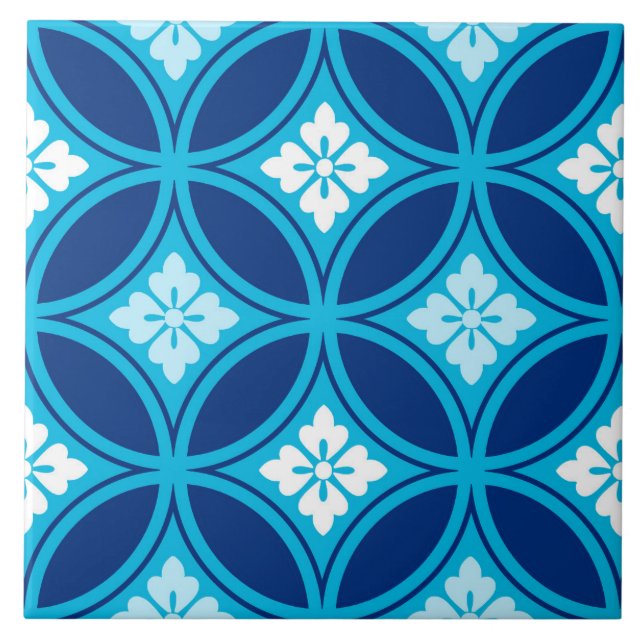 Carreau Shippo avec Motif à Fleur, Deep Indigo Blue (Devant)