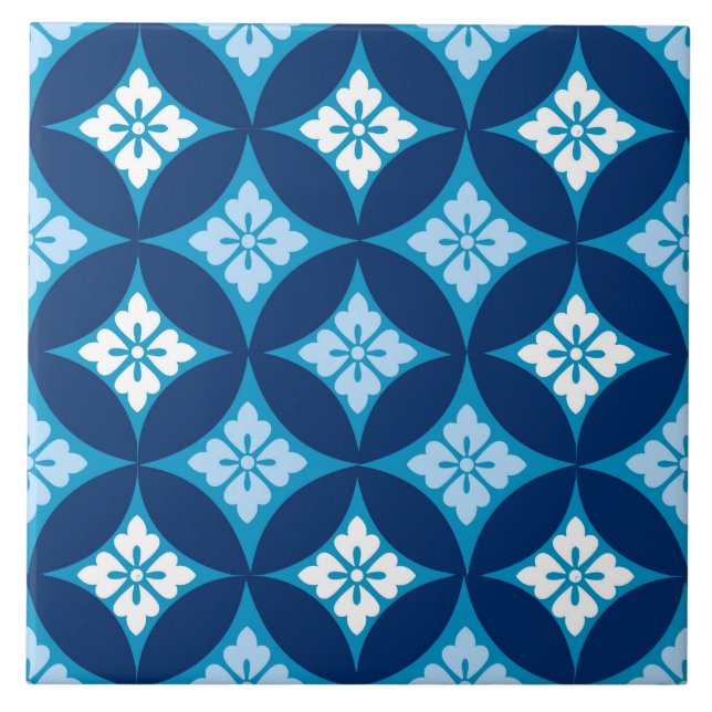 Carreau Shippo avec Motif Fleur, Indigo Bleu et Blanc (Devant)
