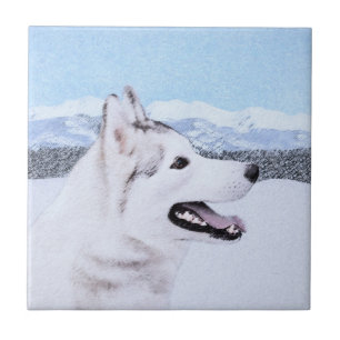 Carreau Sibérie Husky (argent et blanc) Peinture Chien Art