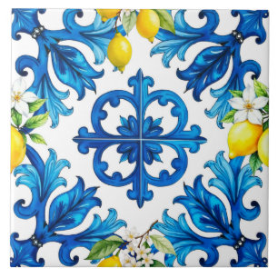 Carreau sicilien, été, citron, mosaïque, bleu