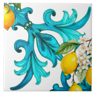 Carreau sicilien, été, citron, mosaïque, bleu,