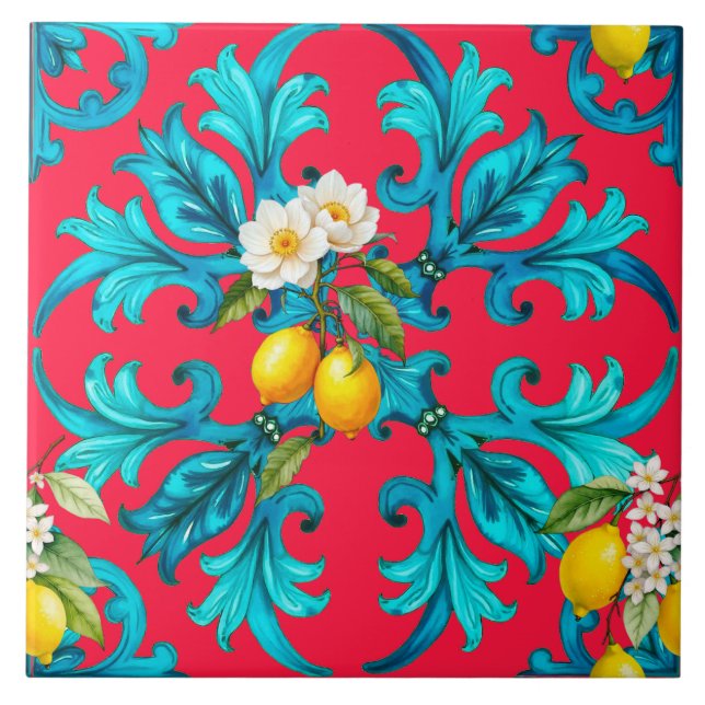Carreau sicilien, été, citron, mosaïque, rose, (Devant)