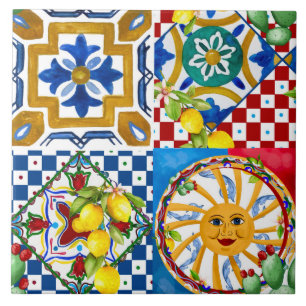 Carreau Sicilien, majolica, soleil, tuiles, citrons