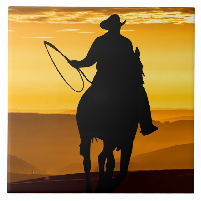 Carreau Silhouette couché de soleil de Cheval Cowboy (Devant)