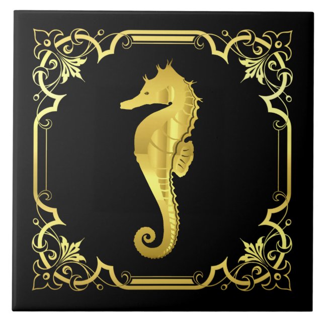 Carreau Silhouette de l'hippocampe marine/or/noir (Devant)