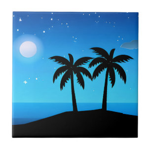 Carreau Silhouette d'île tropicale avec lune et étoiles