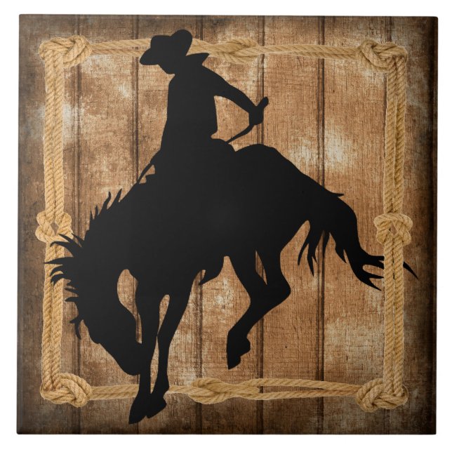 Carreau Silhouette Rodeo Cowboy sur Bucking Bronco Horse (Devant)